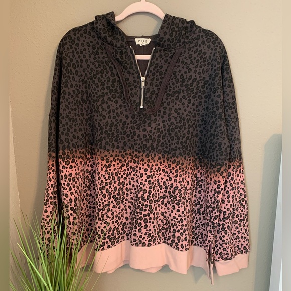 POL Sweaters - POL leopard print half zip ombré hooded sweater. Size L.
